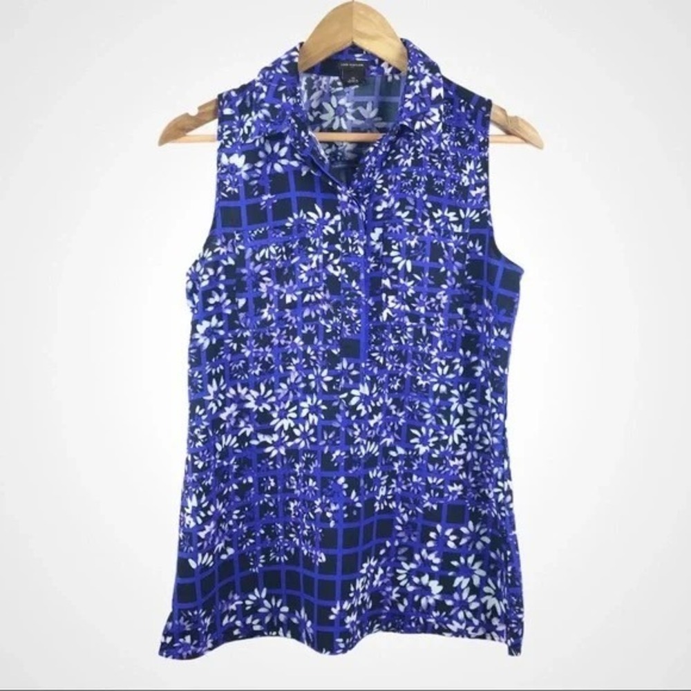 Ann Taylor Womens XS Blue Floral Grid Sleeveless Button Up Blouse Collared Top